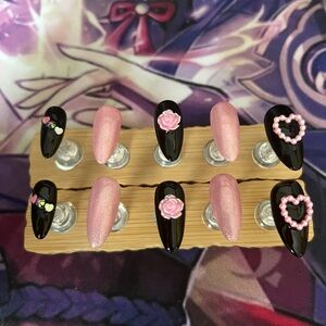 Coquette Press On Nails Black Pink 3D Rose Pearl Heart Set